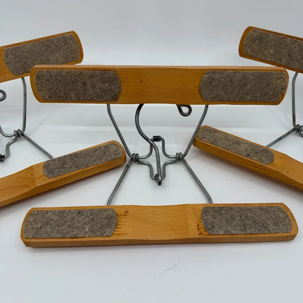 Vtg Setwell Clamp Pants Hangers LOT of 3 Wooden Metal Hook MCM Retro Clamping